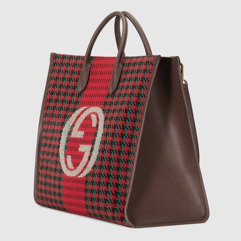 Houndstooth and Stripe Tote with Interlocking G Red and Green